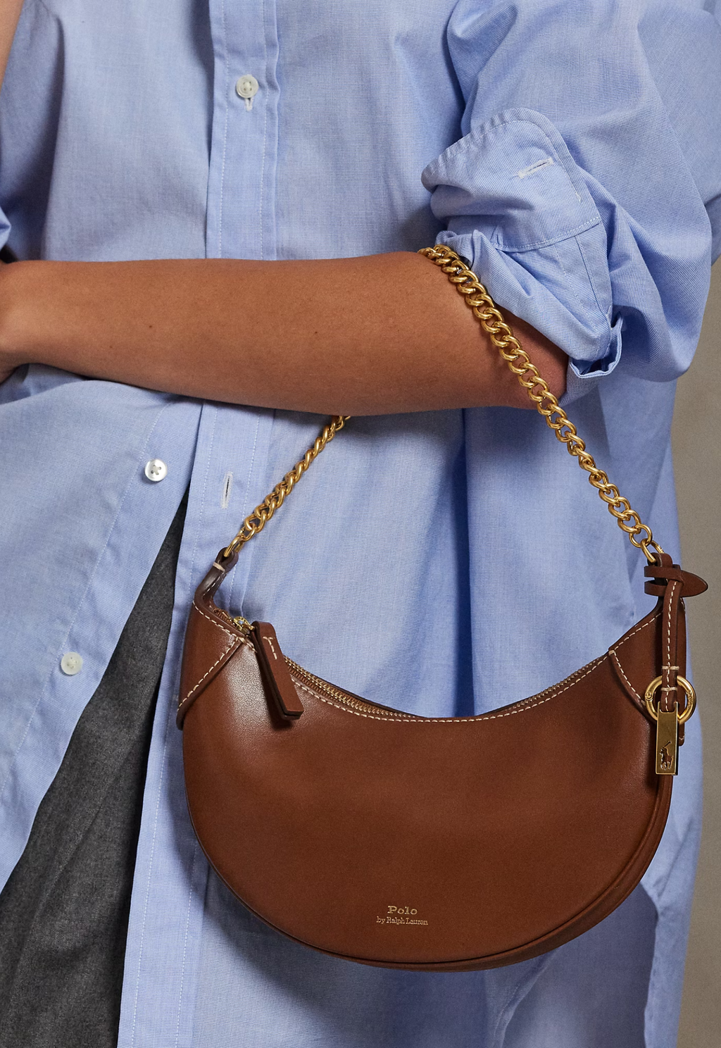RALPH LAUREN WOMEN Polo ID Leather Mini Chain Bag Cuoio