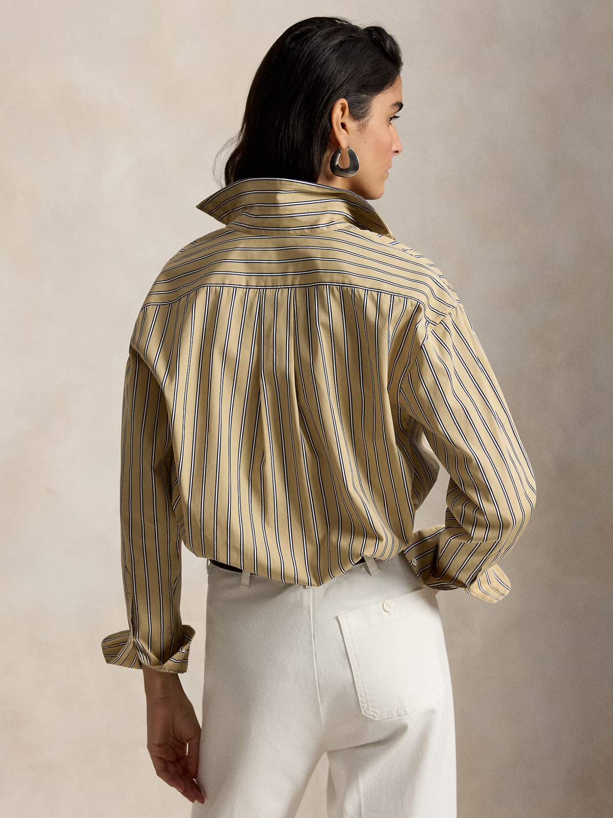 RALPH LAUREN WOMEN Relaxed Fit Striped Cotton Shirt Tan Royal Multi