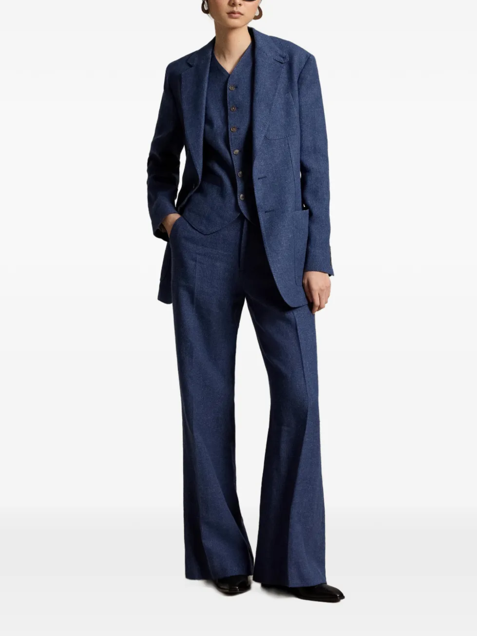 RALPH LAUREN WOMEN Single-Breasted Linen-Cotton Blazer Blue Melange