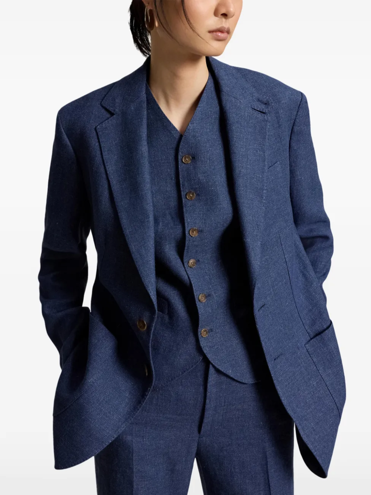 RALPH LAUREN WOMEN Single-Breasted Linen-Cotton Blazer Blue Melange