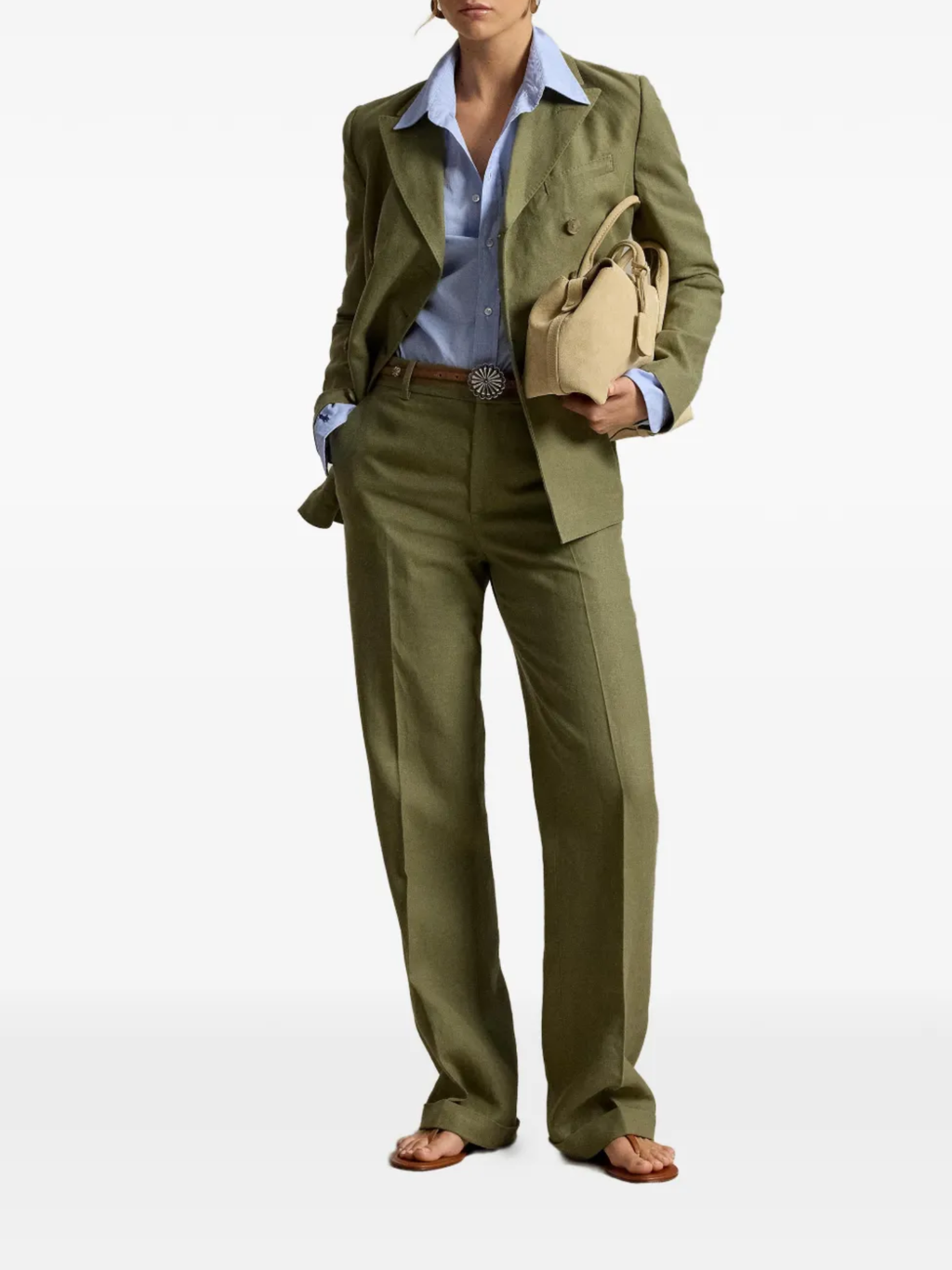 RALPH LAUREN WOMEN Double-breasted Hemp-linen Blazer Sage Green