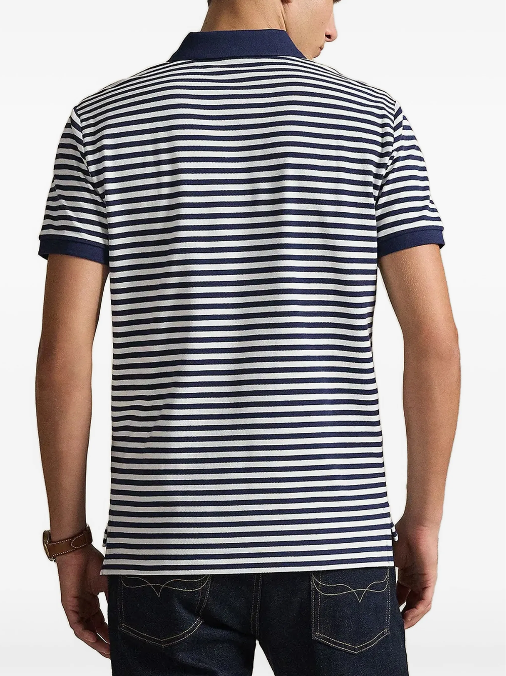 RALPH LAUREN Custom Slim Fit Striped Mesh Polo Shirt Newport Navy/White