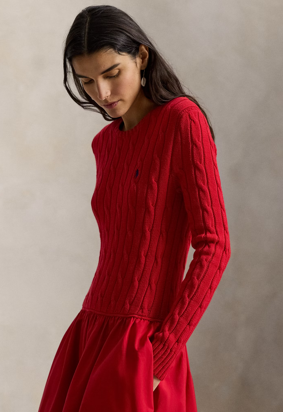 RALPH LAUREN WOMENS Cable-Knit Bodice Cotton Dress Red