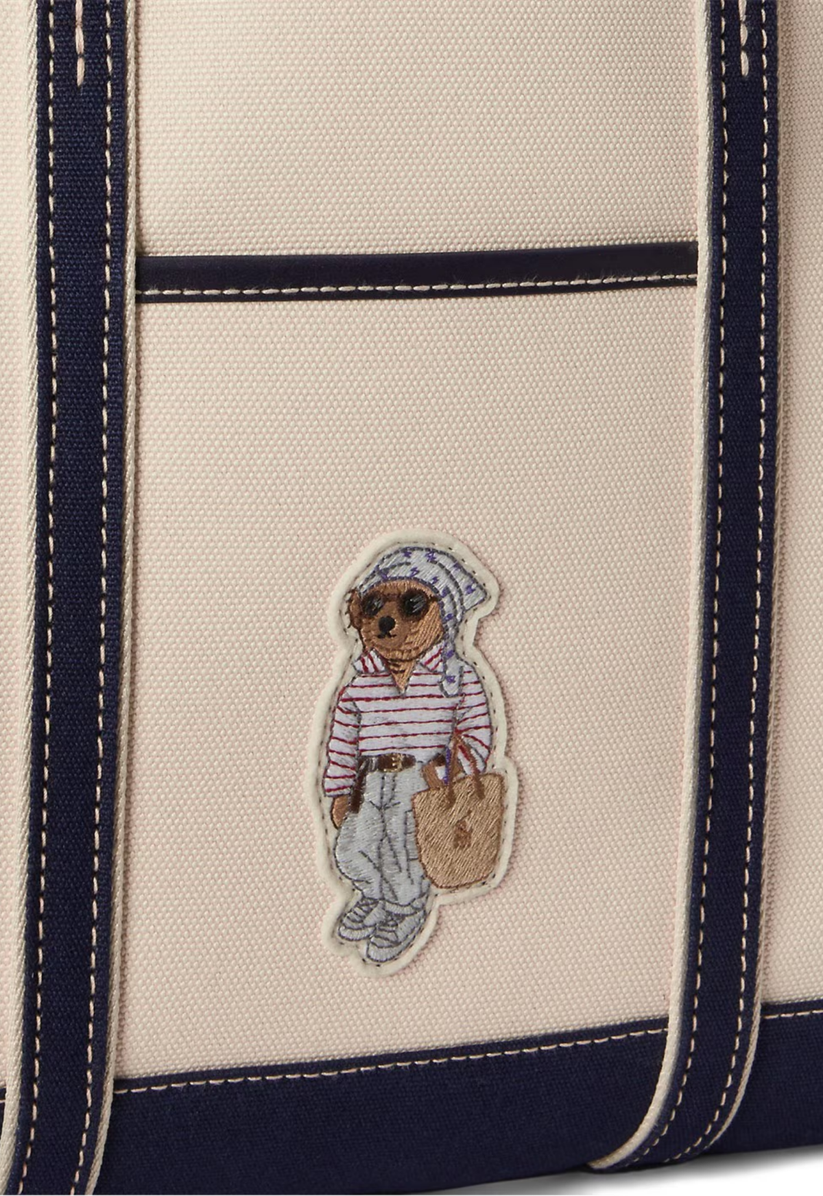RALPH LAUREN WOMEN Polo Bear Canvas Small Shopper Tote Ecru/Newport Navy