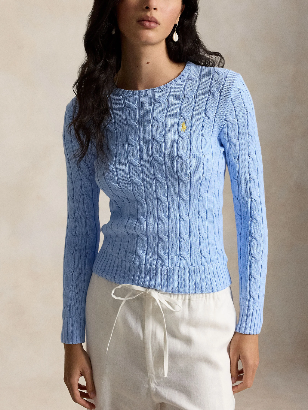 RALPH LAUREN WOMEN Cable-knit Cotton Crewneck Sweater Baby Blue