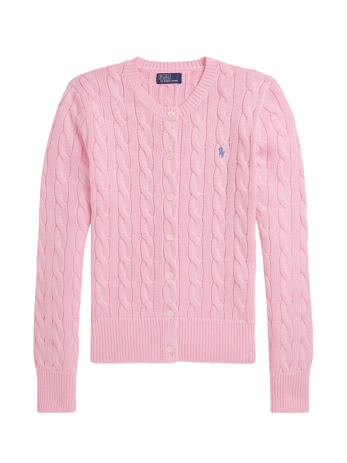 RALPH LAUREN WOMEN Cable-Knit Cotton Crewneck Cardigan Carmel Pink